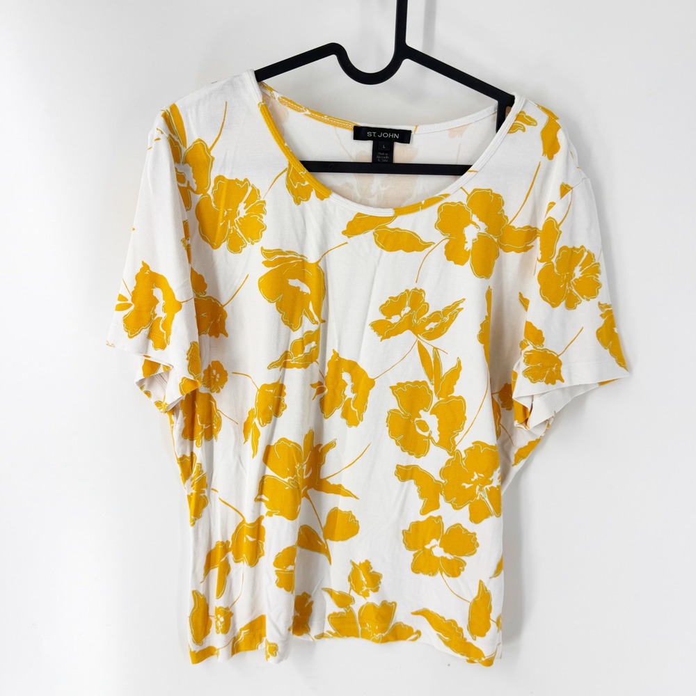 St. John Womens Yellow White Floral Short Sleeve Scoop Neck T-Shirt Size L